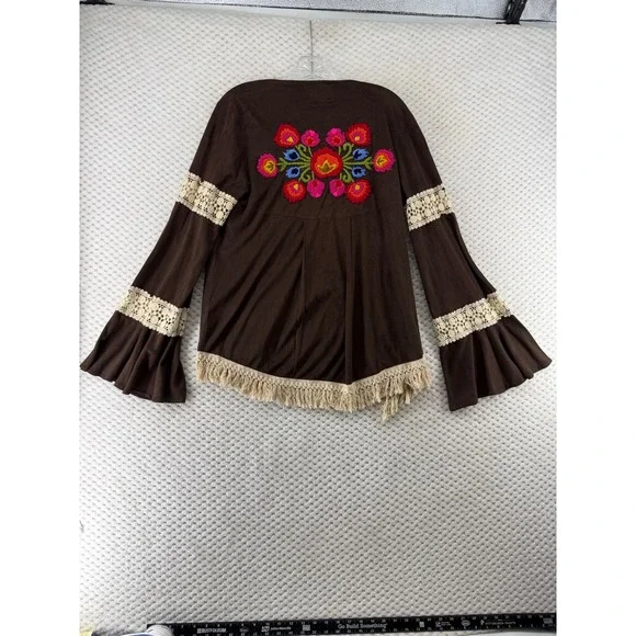 Judith March Cardigan Women Large Brown Faux Suede Embroidered Boho Bell Sleeve - Picture 6 of 6
